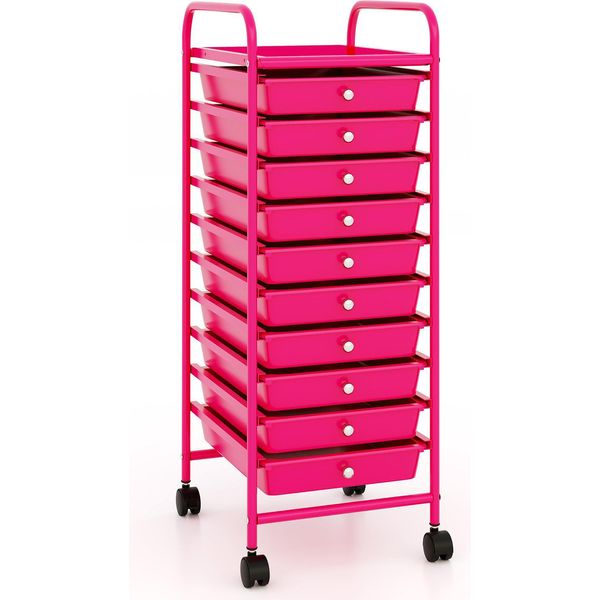 Carrello Costway Con 10 Cassetti Impilabili, Carrello Da Bagno Con Struttura In Metallo, Carrello Da Bagno, Scaffale Da Bagno, Carrello Laterale Rosa Caldo-image