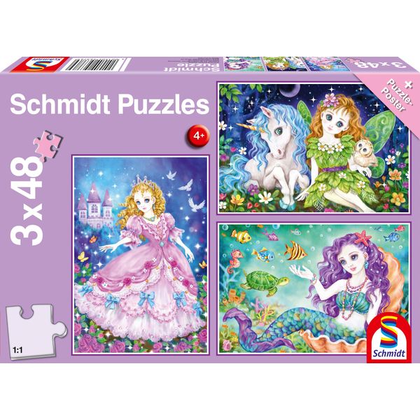 Schmidt Spiele 56376 Puzzle Principessa, Fata, Sirena - 3X 48 Pezzi-image