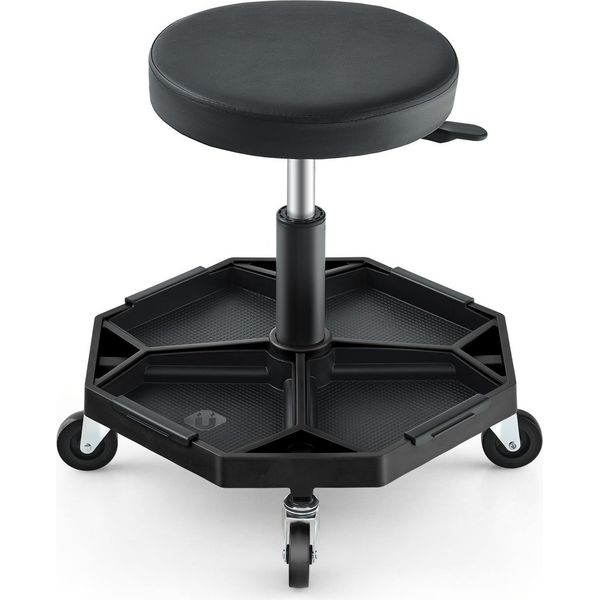 Costway Sedile Rotante Da Officina Regolabile In Altezza Da 41 A 55 Cm, Sgabello Da Lavoro Con Portata Fino A 150 Kg, Sgabello Da Officina Con Ripiano E 4 Rotelle Universali Nero-image