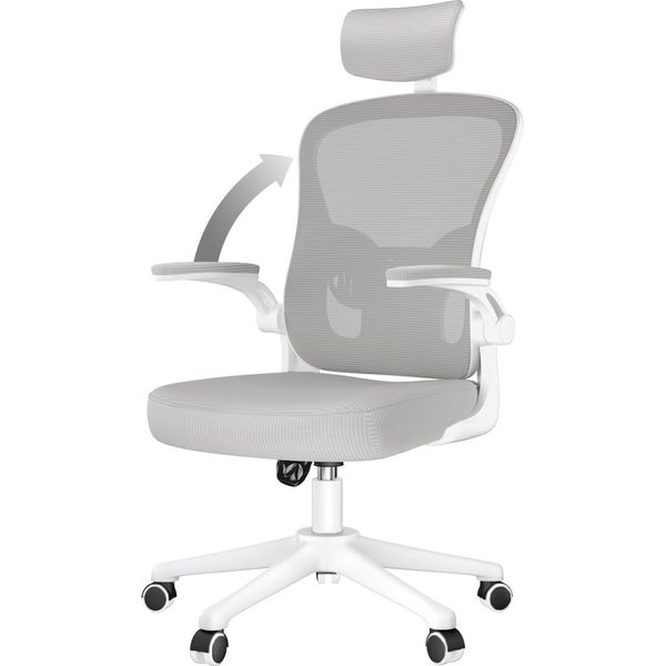 Sedia Da Ufficio - Sedia Ergonomica Da Ufficio - Sedia Girevole Con Supporto Lombare - Poggiatesta, Braccioli E Altezza Regolabili - Grigio E Bianco-image