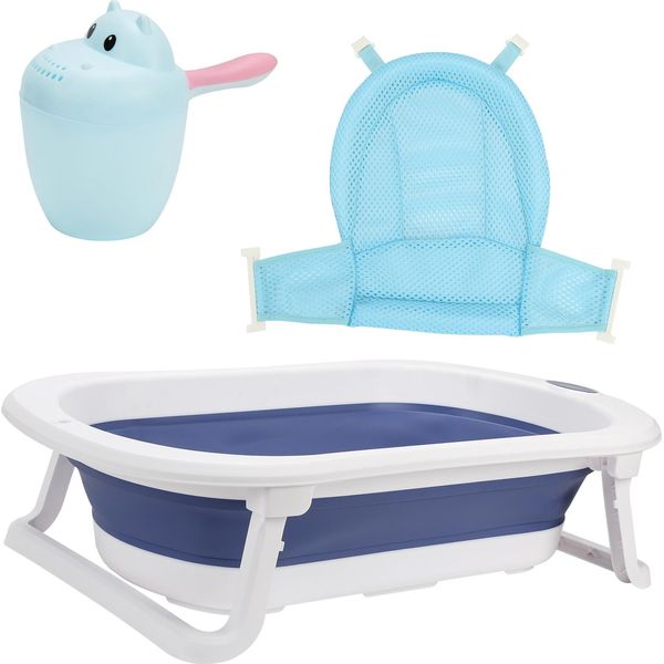 Jiubiaz Vasca Da Bagno Per Bambini Vasca Da Bagno Per Bambini Pieghevole Pieghevole Bagno Sicuro 3 In 1 0-6 Anni Con Piedi Portatile Con Rete Di Sicurezza Termometro Shampoo Tazza Blu-image