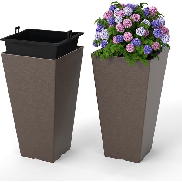 Costway 2Er Fioriera Con Vaso Interno, Fioriere Resistenti Alle Intemperie, Vasi Da Fiori Con Fori Di Drenaggio, Fioriera In Pp Per Giardino Marrone 29,5X29,5X57Cm-image