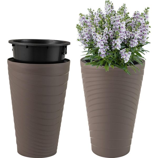Costway 2 Fioriere Con Vaso Interno, Altezza 45 Cm, Fioriere Rotonde Resistenti Alle Intemperie, Vasi Da Fiori Con Fori Di Drenaggio, Pp, Fioriere Per Giardino Grigio-image