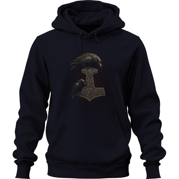 Martello Di Thor Con Corvo Mitologia Norrena Arte Runica Vichinga Felpa Con Cappuccio Unisex, Navy, Xxl-image