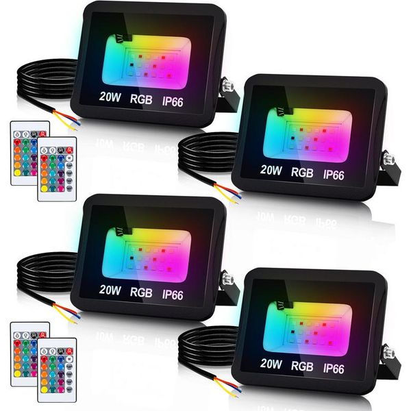 Tolletour Faretto Led Rgb 20W Rgb Proiettore Faretto Led Rgb Per Esterni Faretto Per Esterni Con Telecomando IP66 Impermeabile Per Giardino 4 Pezzi-image