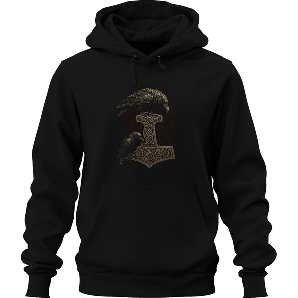 Martello Di Thor Con Corvo Mitologia Norrena Arte Runica Vichinga Felpa Con Cappuccio Unisex, Nero, M-image