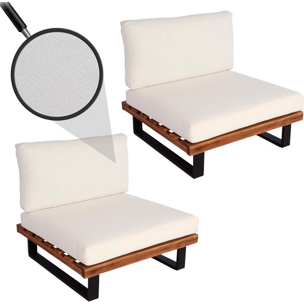 Set Di 2 Sedie Lounge HWC-H54, Poltrona Da Giardino, Legno Di Acacia Filato Alluminio ~ Marrone, Rivestimento Bianco Crema-image