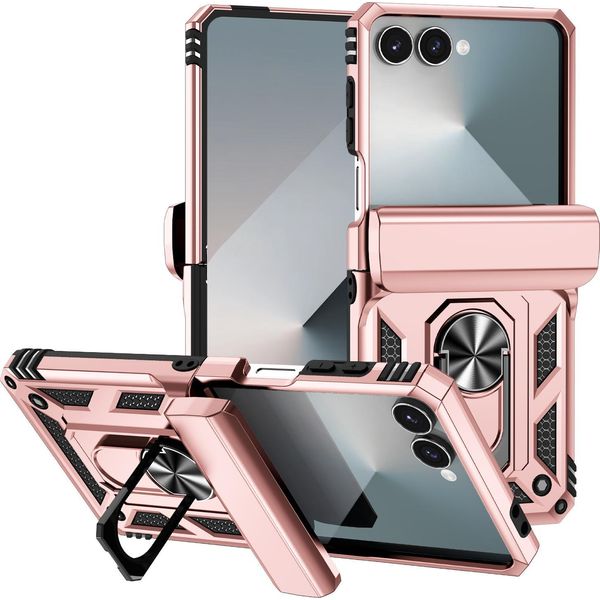 Custodia Ibrida Per Samsung Galaxy Z Flip 7 A Due Strati Con Supporto Ad Anello E Copertura A Cerniera Rosa-image