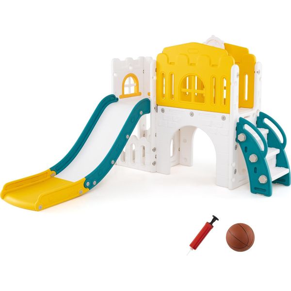 Scivolo Per Bambini Costway, Scivolo Per Bambini 9 In 1 Con Canestro, Struttura Per Arrampicata, Tunnel, Telescopio E Spazio Di Archiviazione, Indoor, Parco Giochi Per Bambini 1+ (Giallo+Verde)-image