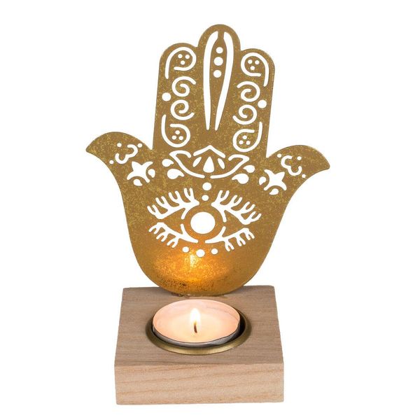 Ootb Porta Tealight In Metallo Dorato Con Base In Legno-image
