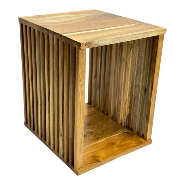 Tavolino In Teak - Tavolino Sgabello In Legno - Legno Massiccio - Cubo A Doghe In Legno-image