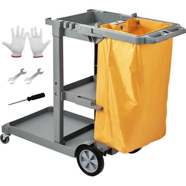 Succebuy Carrello Per Le Pulizie, Carrello Commerciale Per Le Pulizie Con 3 Ripiani, Capacità Di Carico Di 200 Libbre, Carrello Domestico In Plastica Con Sacco In Pvc Da 25 Galloni, 120 X 51 X 98 Cm, Giallo/Grigio-image