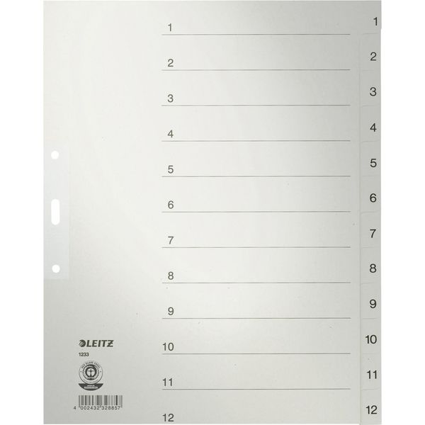Leitz 1233-00-85 Indice Numerico - 1-12, Carta, A4 Extra-Large, 12 Fogli, Grigio-image