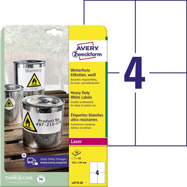 Avery Zweckform L4719 - Poliestere - Opaco - Adesivo Permanente - Bianco - 105 X 148 Mm 80 Etichette (20 Fogli X 4) Etichette (L4719-20)-image