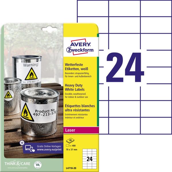 Avery Zweckform L4718 - Poliestere - Opaco - Adesivo Permanente - Bianco - 70 X 37 Mm 480 Etichette (20 Fogli X 24) Etichette (L4718-20)-image