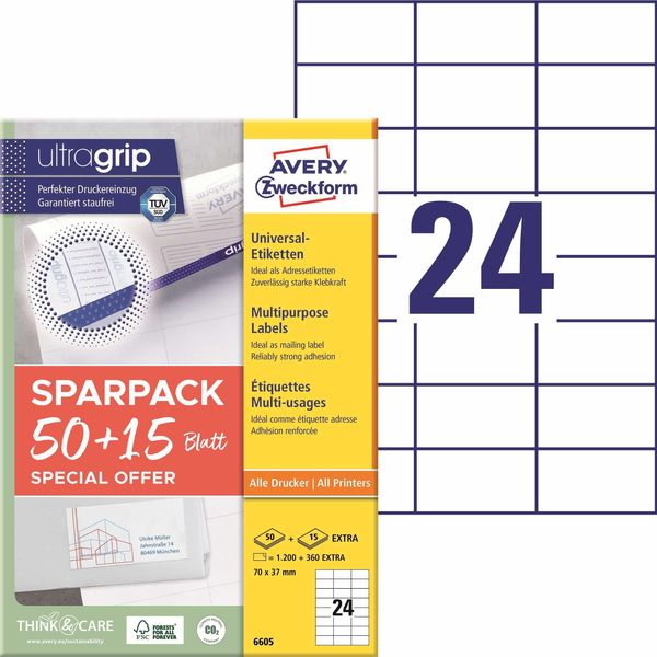 Avery Zweckform® 6605 6605 Etichette Universali Ultragrip - 70 X 37 Mm, Bianco, 1.560 Etichette, Permanenti-image