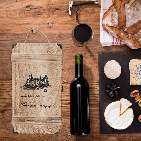 Retro Vintage Portatile In Legno 2 Bottiglie Di Vino Rosso Regalo Storage Box Decorazione Con Corda-image