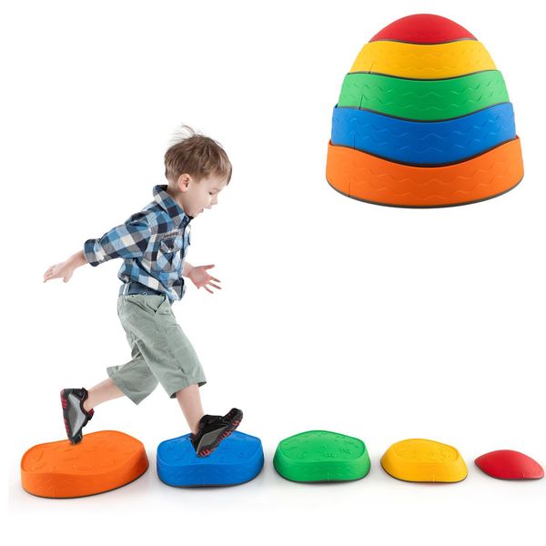 Costway Set Di 5 Pezzi Di Pietre Per Bambini Impilabili Con Bordo Antiscivolo Percorso Ad Ostacoli Giocattolo Per Bambini Da 3 Anni Fino A 80 Kg-image