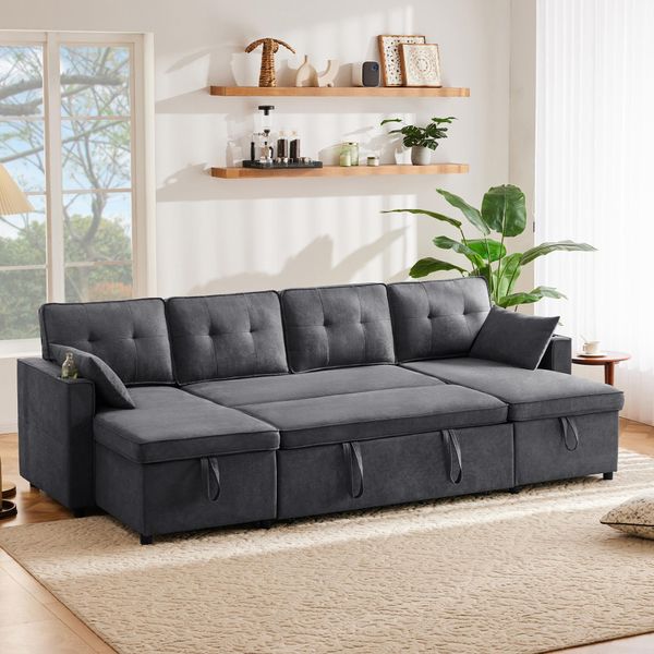 Divano Angolare Merax, Divano A U Con Funzione Letto E Box Letto, Portabicchieri, Divano A 4 Posti, Divano Letto, Set Di Divani In Cotone E Lino, Grigio-image