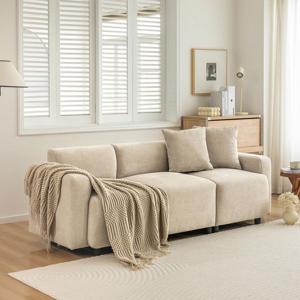 Divano Letto Merax Con Funzione Letto, Divano A 3 Posti Con 2 Cuscini, Divano Da Salotto, Divano Imbottito, Ciniglia, Beige-image
