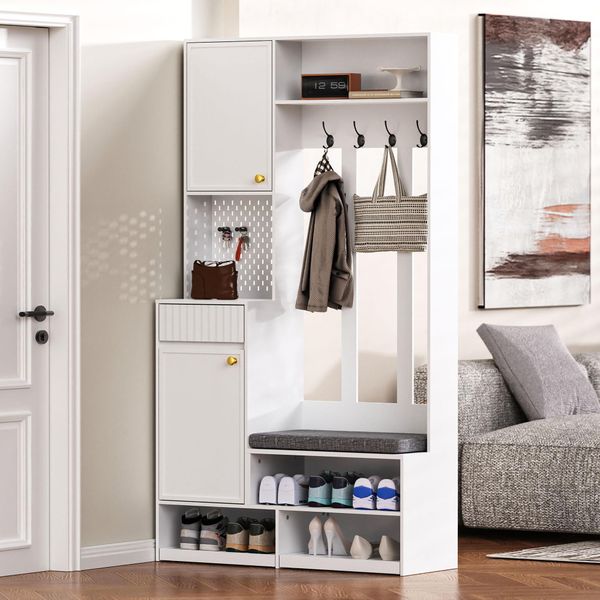 Appendiabiti Merax Con Panca Per Scarpe, Appendiabiti Da Corridoio Con Cassetti E Sportelli, 4 Ganci Tripli, Pannello In Metallo, 100×180×35 Cm, Bianco-image