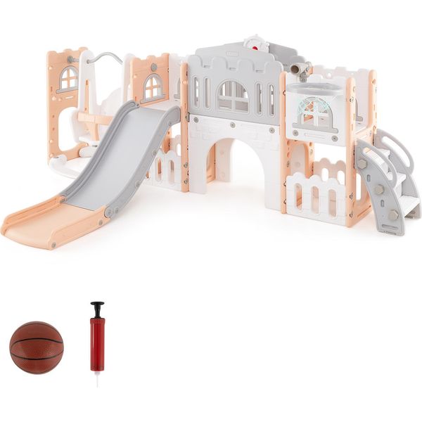 Costway Scivolo Per Bambini Con Struttura Per Arrampicata, Altalena, Canestro Da Basket E Volante Telescopico, Set Di Scivoli, Scivolo, Parco Giochi Per Bambini 1+ (Grigio + Rosa)-image