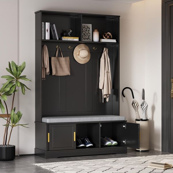 Appendiabiti Merax Con Panca Per Scarpe, Appendiabiti Da Corridoio Con 6 Ganci Tripli, Appendiabiti Con Panca, Per L'ingresso, 120×40×191Cm, Nero-image