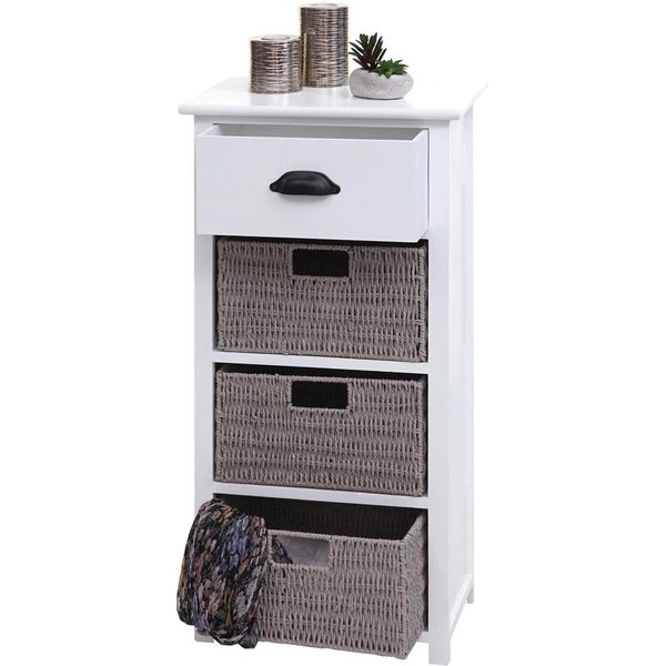 Cassettiera HWC-K84 Con Cestoni, Mobile Cassettiera, Legno 83X40X29Cm ~ Bianco, Cestoni Grigio-image