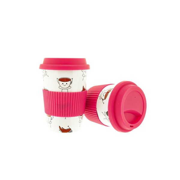 Set Di 2 Tazze Da Caffè Da Portare Via, Tazza Da Caffè In Porcellana Con Coperchio 250Ml Rosa-image