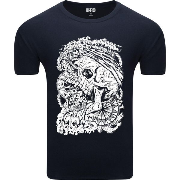 T-Shirt Da Uomo Diarbo Con Stampa Mare Teschio Pirata E Nave Blu Scuro Taglia Xxl-image