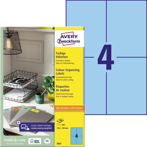 Avery - Etichette Per Cartelle - Blu - 105 X 148 Mm - 400 Etichette (100 Fogli X 4) (3457)-image