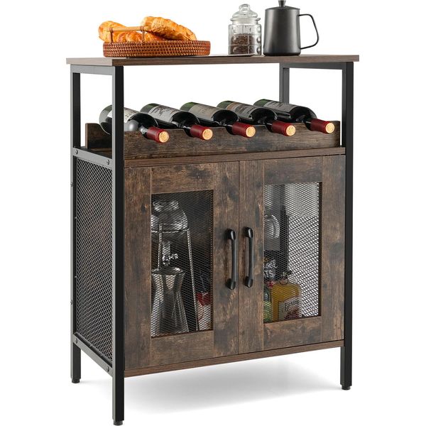 Costway Mobile Da Vino Vintage Con Portabottiglie Estraibile E Portabicchieri Integrato, Cassettiera In Legno, Credenza 60 X 34 X 79 Cm-image