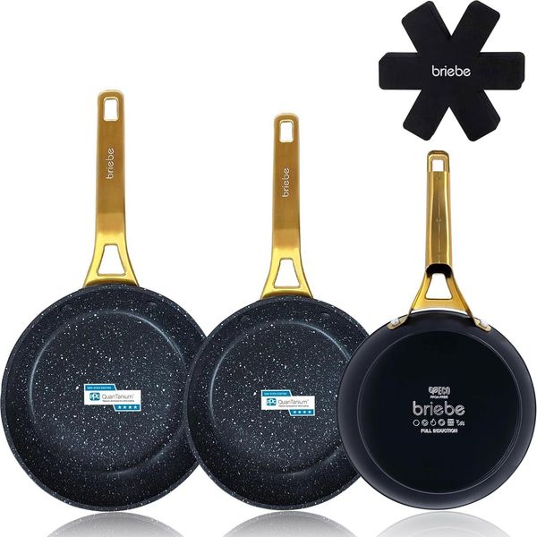 Briebe Gold Titanium Set 3 Padelle Antiaderenti Per Induzione Titanio 20-24-28M, Alluminio Forgiato Nero-image