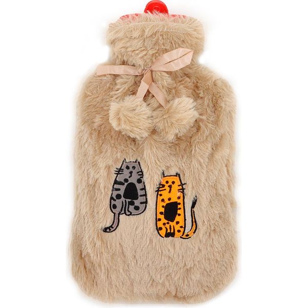Biggdesign Bottiglia D'acqua Calda Per Gatti Con Rivestimento Lavabile E In Morbido Peluche, Bottiglia Da Letto Per Bambini E Adulti, Bottiglia D'acqua Calda Per Dolori Alla Schiena E Allo Stomaco, Bottiglia D'acqua Calda, 2L, Beige-image