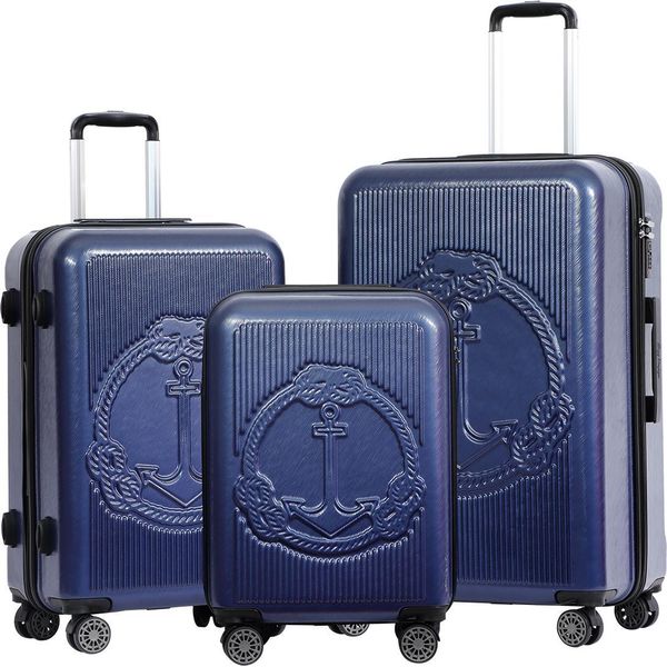 Biggdesign Ocean Set Valigia Rigida | Borsa Da Viaggio Con Ruote | Valigia Da Viaggio Con Chiusura A Combinazione | 4 Ruote Doppie | Girevole A 360 Gradi | Set Valigia 3 Pezzi Rigida | Leggera | Blu-image