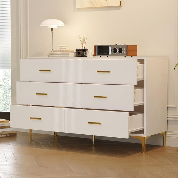 Credenza Mearx Con 6 Cassetti, Cassettiera Con Frontale A Onda E Piedini In Metallo, Buffet, Cassettiera, H76/B120/T40 Cm, Bianco-image