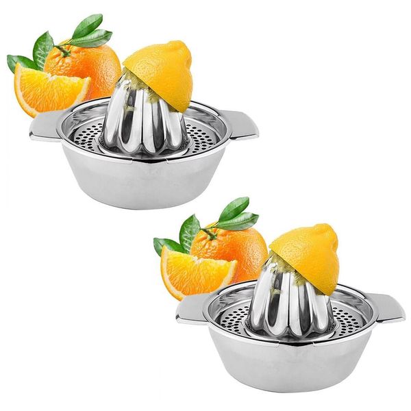 Set Di 2 Spremiagrumi Manuali In Acciaio Inox | Spremiagrumi Ø12,5 Cm | Spremiagrumi Per Limoni Con Contenitore Di Raccolta E Beccuccio | Spremiagrumi Per Lime | Spremiagrumi Per Frutta | Spremiagrumi Per Arance-image