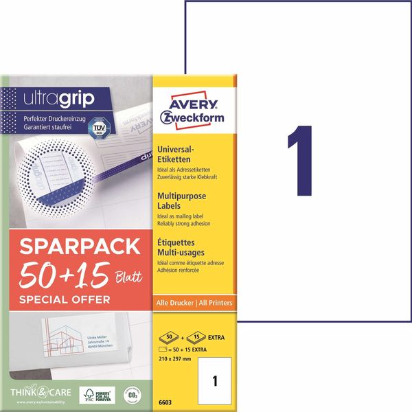 Avery Zweckform® 6603 6603 Etichette Universali Ultragrip - 210 X 297 Mm, Bianco, 65 Etichette, Permanente-image