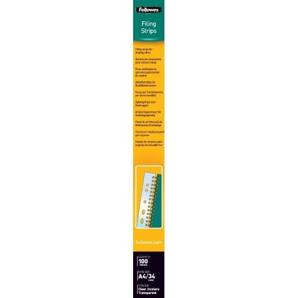 Fellowes® 5360501 Strisce Di Archiviazione Per Rilegatura A Filo, 34 Fori, Trasparenti, 100 Pezzi/Confezione-image