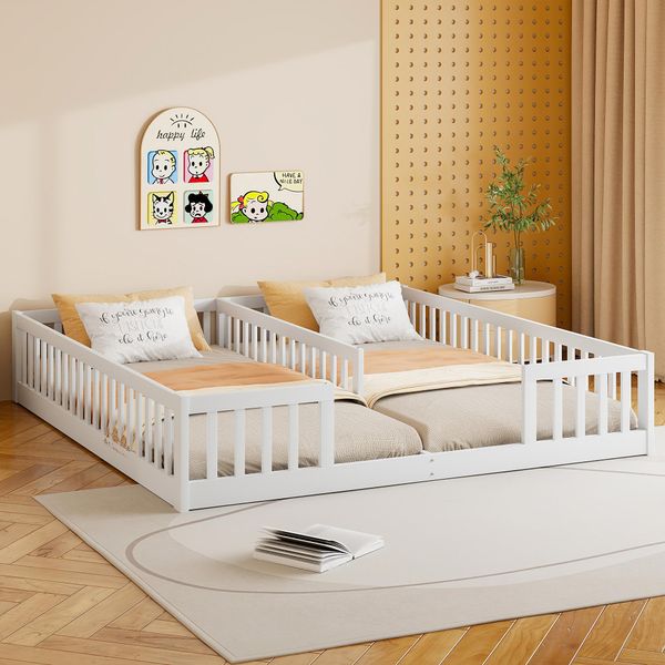 Letto Per Bambini Merax 2× 90X200 Cm, Letto In Legno Massiccio Con Rete, Senza Rete A Doghe, In Legno Di Pino, Letto Da Terra, Letto Piano, Letto Per Ragazzi, Bianco-image