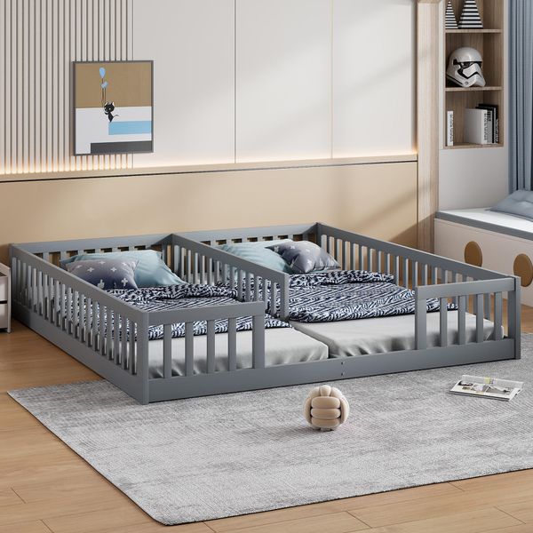 Letto Per Bambini Merax 2× 90X200 Cm, Letto In Legno Massiccio Con Rete, Rete A Doghe, Legno Di Pino, Letto Da Terra, Letto Piano, Letto Per Ragazzi, Grigio-image