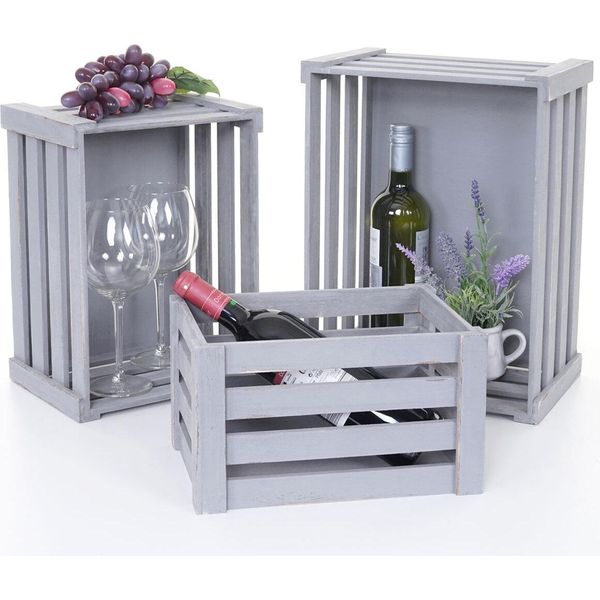 Set Di 3 Casse In Legno HWC-C56, Cassa Per Vino Cassa Decorativa Cassa Di Stoccaggio Cassa Per Frutta, Aspetto Shabby Vintage ~ Grigio, Shabby-image