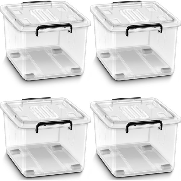 Tillvex® Scatole Di Stoccaggio Con Coperchio Set Di 4 - 88L, Per Alimenti | Set Di Scatole Di Plastica Impilabili | Sistema Di Organizzazione Dello Stoccaggio Scatola Grande | Scatola Di Stoccaggio Scatole Per Vestiti Trasparente 100% Materiale Vergine-image