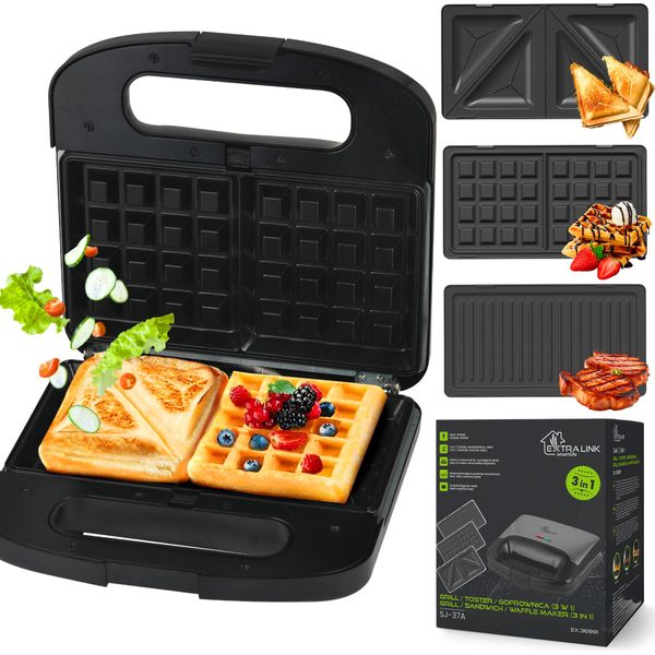 Macchina Per Panini Extralink 3 En 1 Tostapane, Grill E Piastra Per Waffle Con Piastre Intercambiabili, Piastra Per Waffle 3 En 1 De 1000W, Rivestimento Antiaderente, Facile Da Pulire, Macchina Per Panini, Piastra Per Waffle, Piastra Per Waffle-image