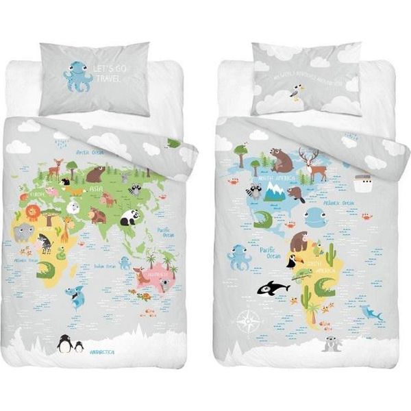 Biancheria Da Letto, Biancheria Da Letto In Cotone, Biancheria Da Letto Per Bambini 90X120Cm 3961B Animali, Mappa Del Mondo-image
