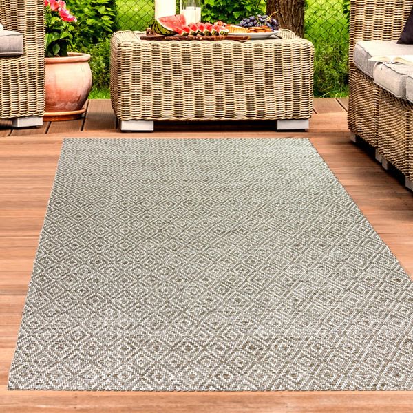 Tappeto Per Esterni Da Balcone Resistente Alle Intemperie A Trama Piatta Con Disegno A Diamante In Beige Dimensioni - 140 X 200 Cm-image