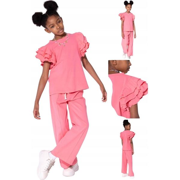 Mod Jeans | Completo Estivo Per Bambina - T-Shirt Con Maniche A Balze E Pantaloni Larghi - Rosa - Comodo Ed Elegante Taglia 134, Età 9 Anni-image