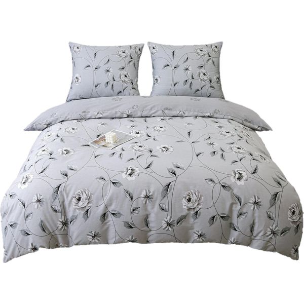 Biancheria Da Letto In Raso 160X200Cm Fiori Grigio Cenere Bianco-image