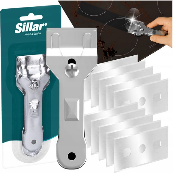 Raschietto Per Pulizia, Raschietto Per Piano Cottura Con Lama Integrata Ed Estensibile In Acciaio Inox, Raschietto Per Piano Cottura In Ceramica Con Scomparto Per Lame Di Ricambio (Colore: Argento) Incl. 10 Lame Di Ricambio-image