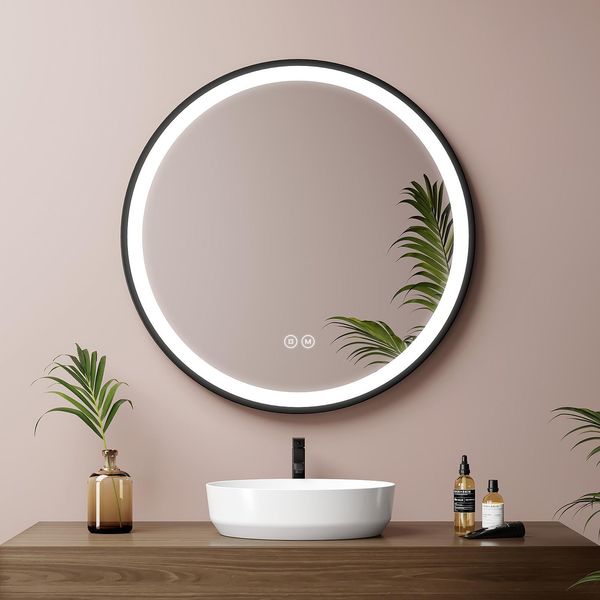 Emke Led Specchio Da Bagno Rotondo Diametro 60 Cm Specchio Da Bagno A Led Con Illuminazione 3 Colori Di Luce 3000-6400K Bianco Freddo Neutro Bianco Caldo Dimmerabile Specchio Illuminato Con Interruttore A Sfioramento IP44 A Risparmio Energetico (Design Nero)-image